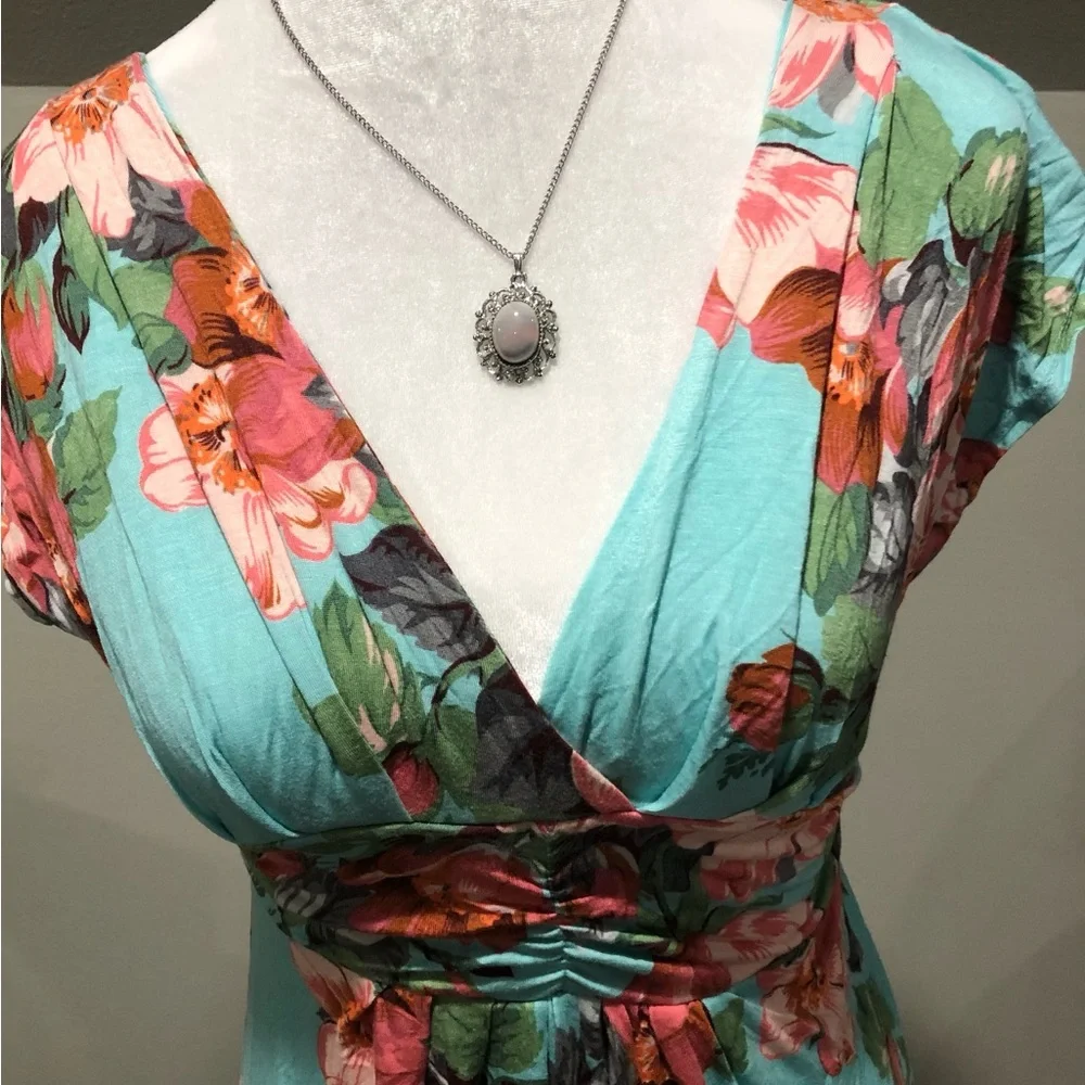 IMAN Mint Floral Maxi Dress XS NWT Cap Sleeve Slimming - Picture 2 of 5